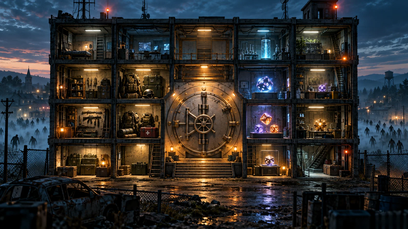 Original editorial artwork of a fortified laboratory with a central vault and distant zombie silhouettes