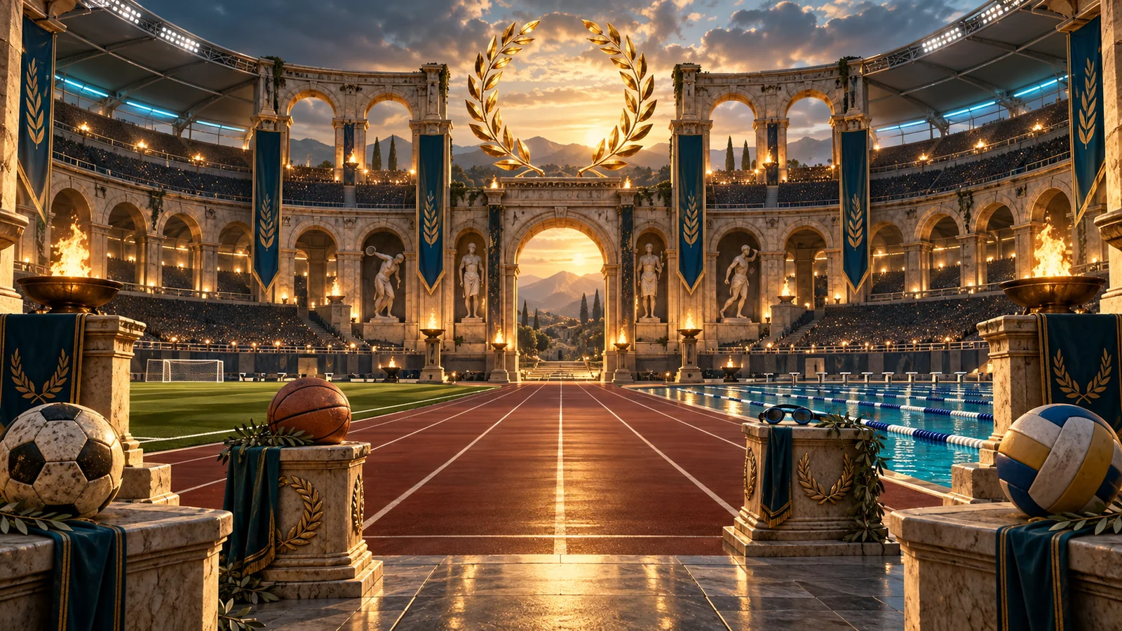 Original editorial artwork of a modern stadium fused with classical arena arches and a golden laurel