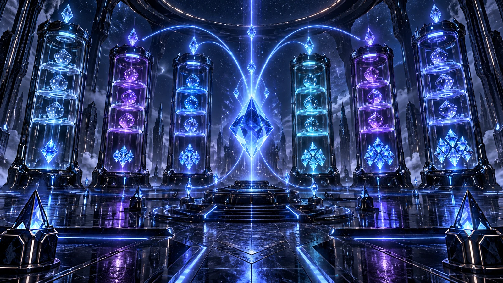 Original editorial artwork of six futuristic dice towers linked by blue Wild crystals