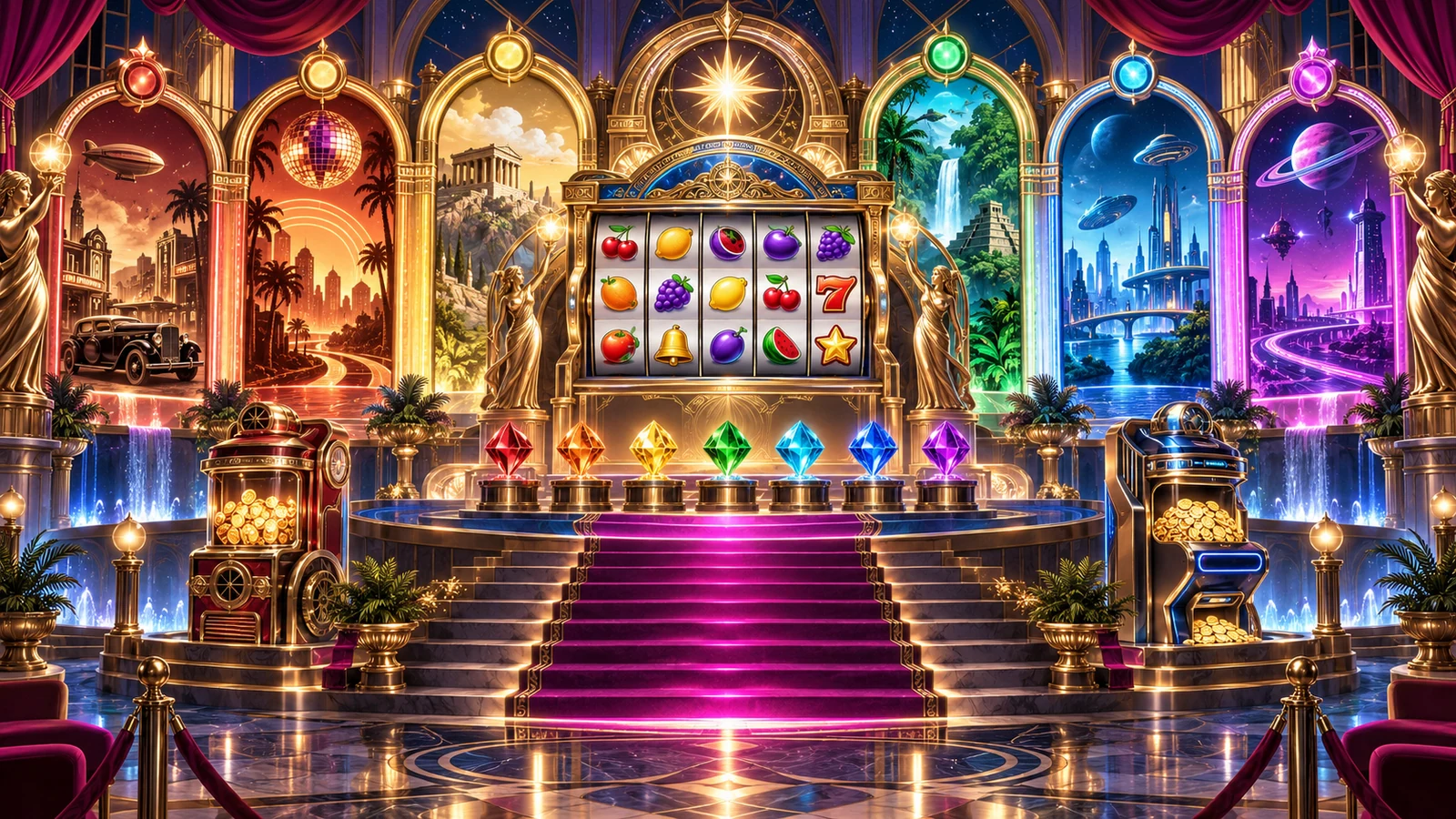 Original theatre artwork with seven era portals around a central fruit-reel stage and coloured diamonds