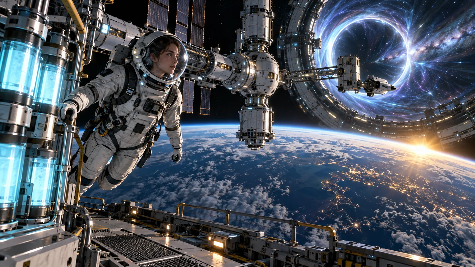 Original editorial artwork of an astronaut beside glowing fuel cells and a future orbital station