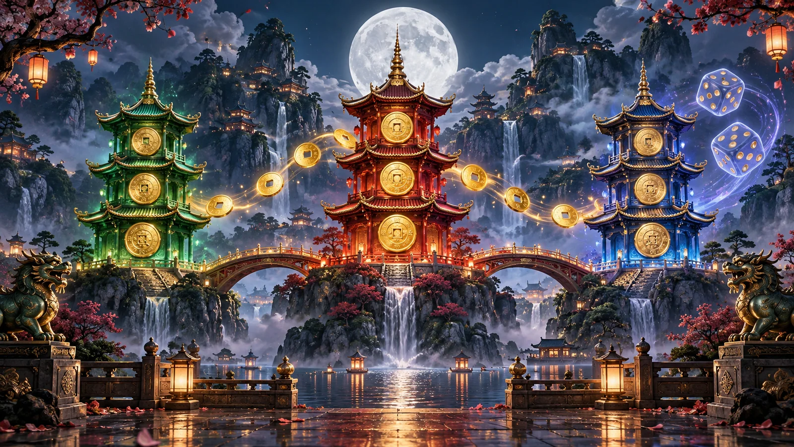 Original moonlit fantasy landscape with green red and blue pagoda towers, coins and dice