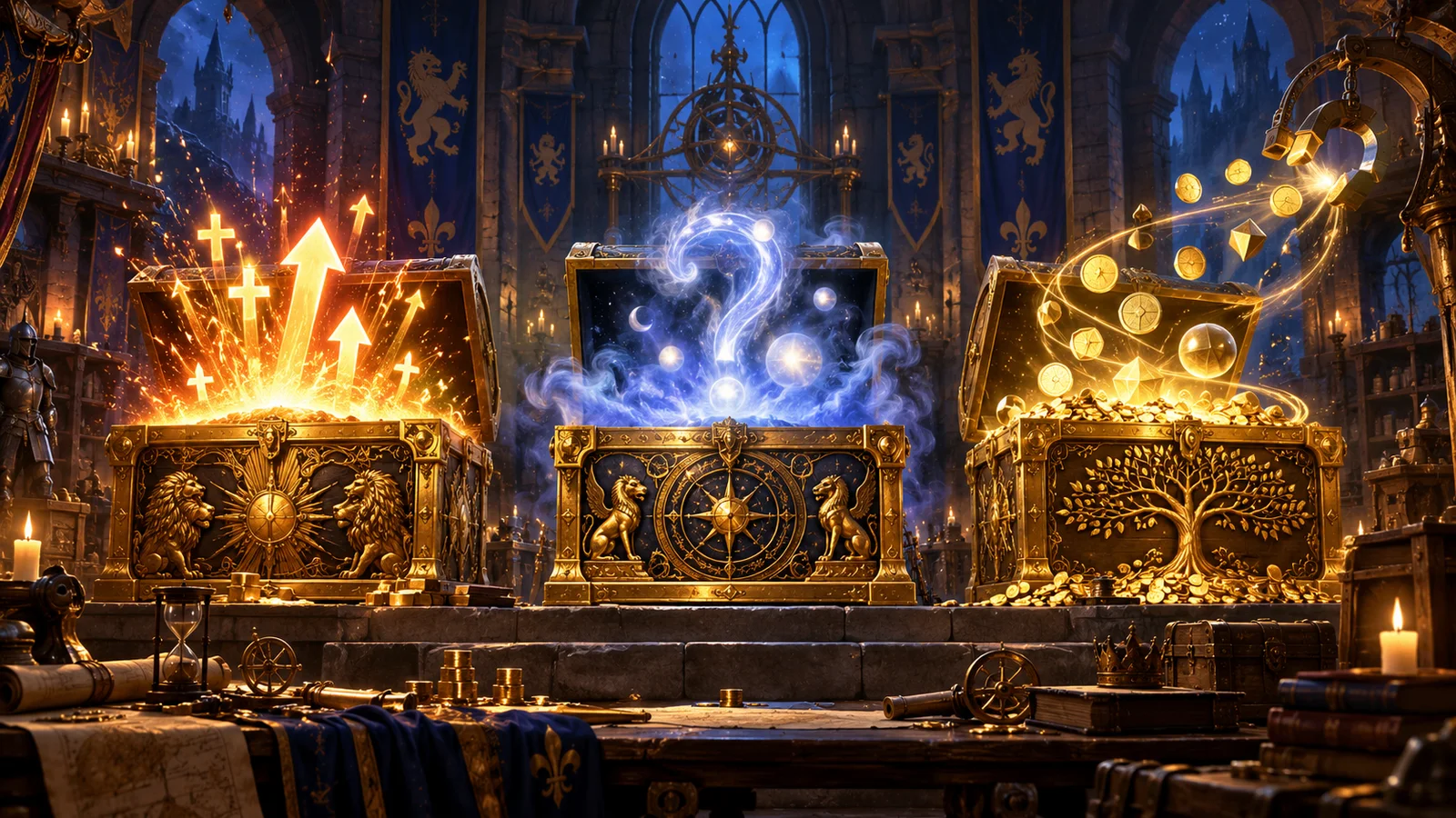 Original medieval hall illustration with three glowing golden treasure chests