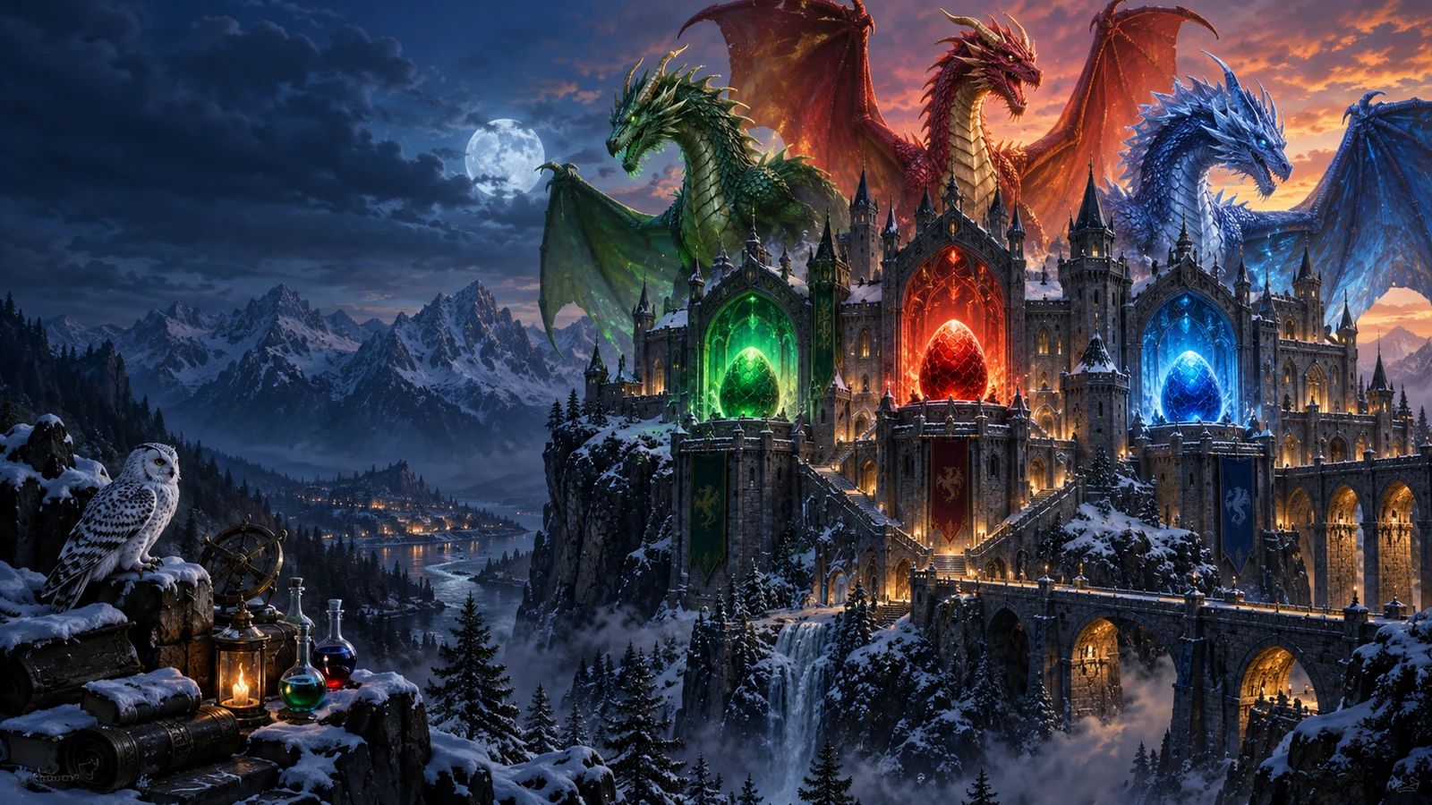 Original fantasy artwork of three coloured dragons above an illuminated mountain castle