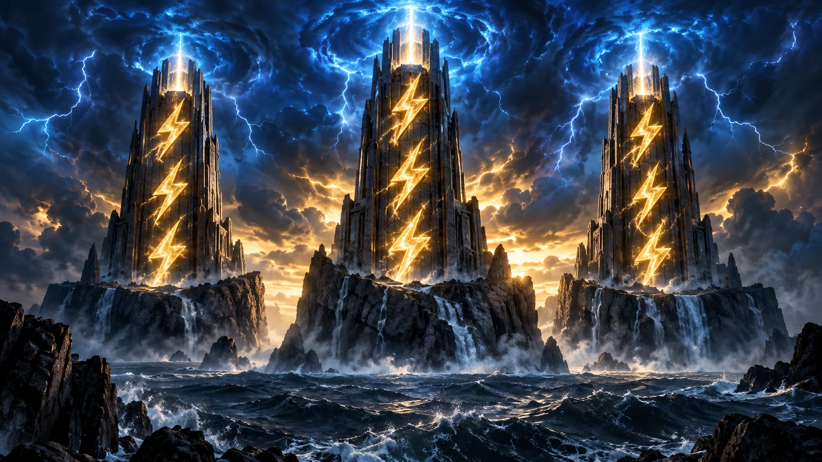 Original editorial artwork of three lightning towers rising above a stormy sea