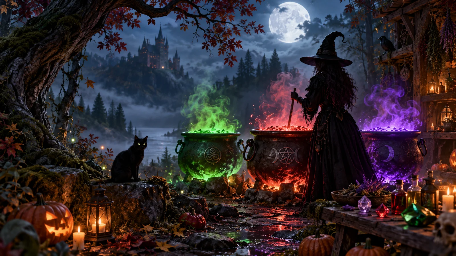 Original artwork of a moonlit witch forest with green, red and purple cauldrons, a black cat, pumpkins and gems