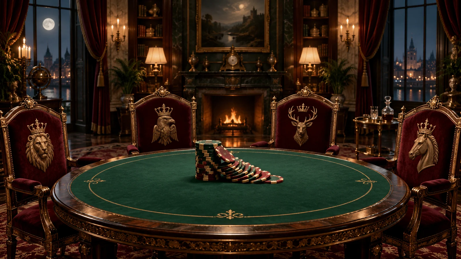 Original editorial artwork of four empty royal chairs around a green-baize salon table with a spreading stack of chips