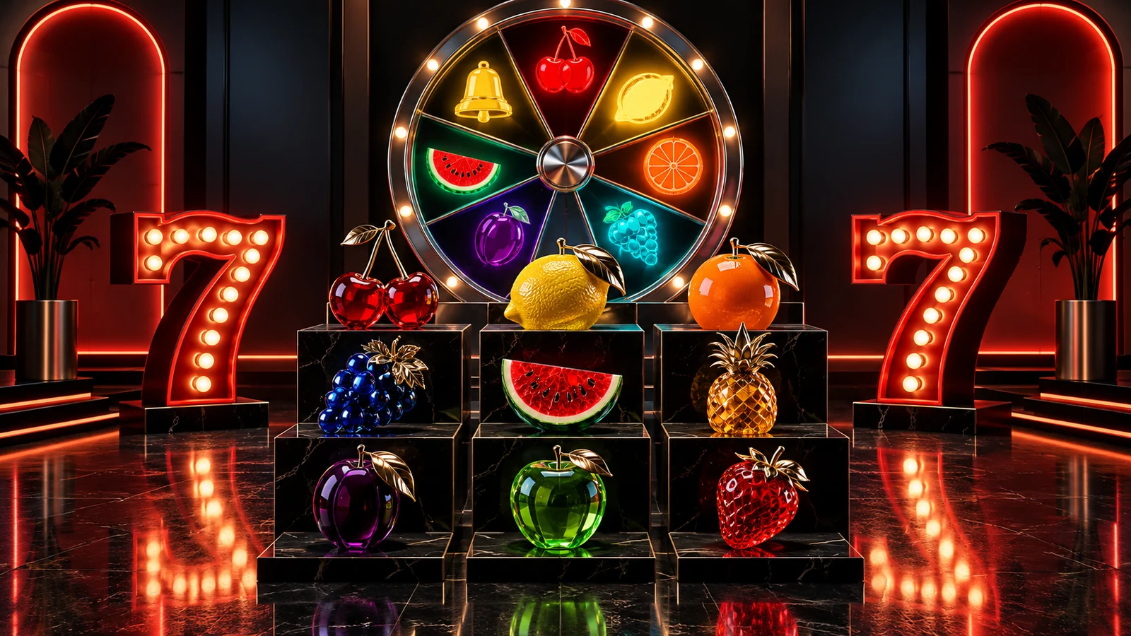 Original editorial artwork of jewel-like fruit sculptures arranged before a seven-segment prize wheel