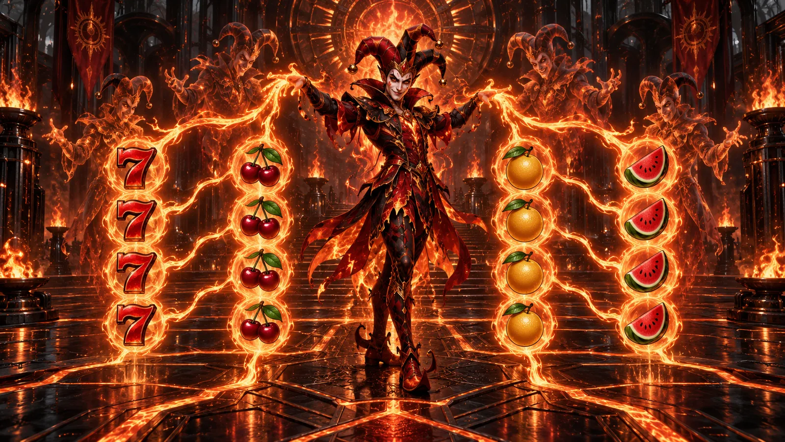 Original editorial artwork of a flame jester directing four columns of fruit emblems through branching fire paths