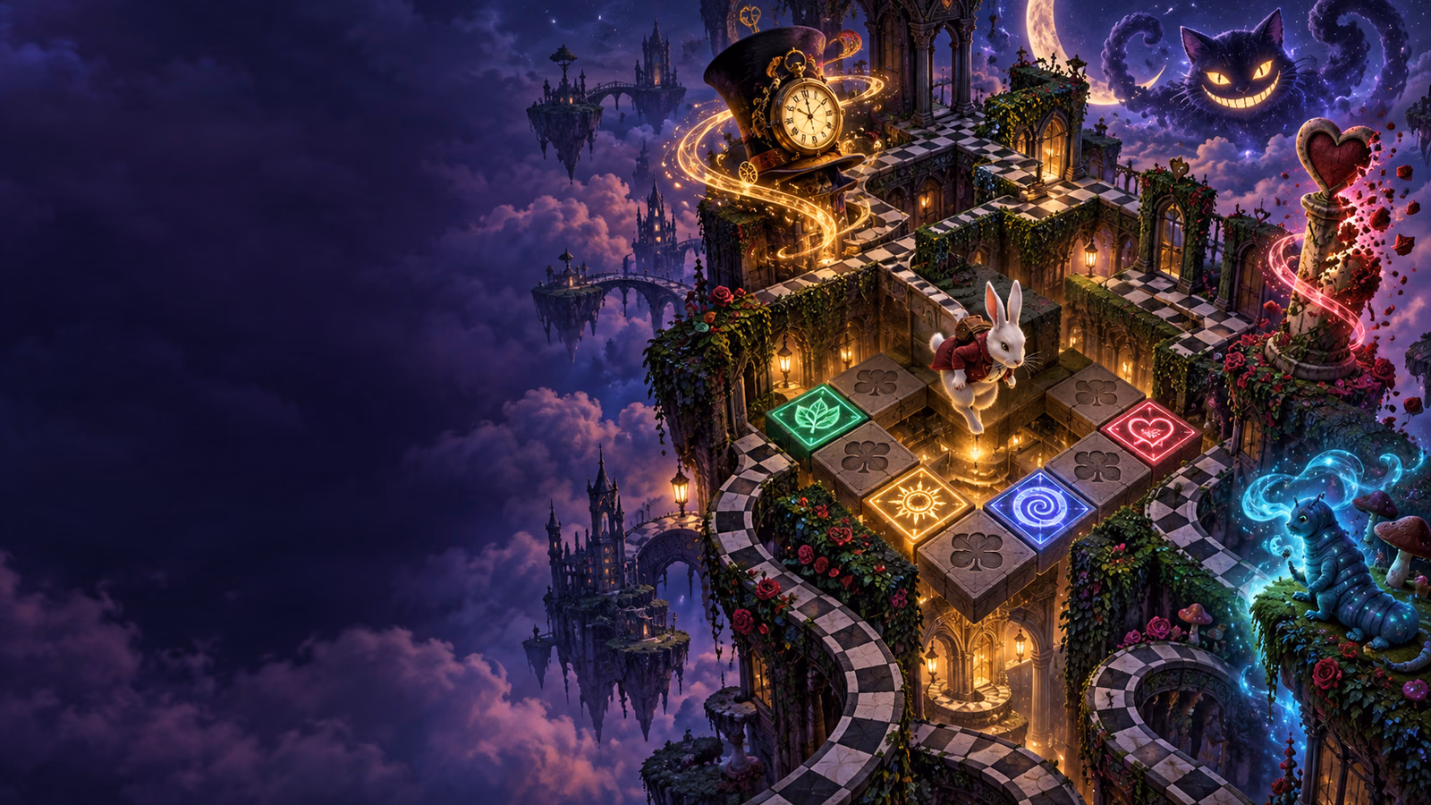 Original floating fantasy maze with descending white rabbit, 5x5 tiles and four distinct magical effects