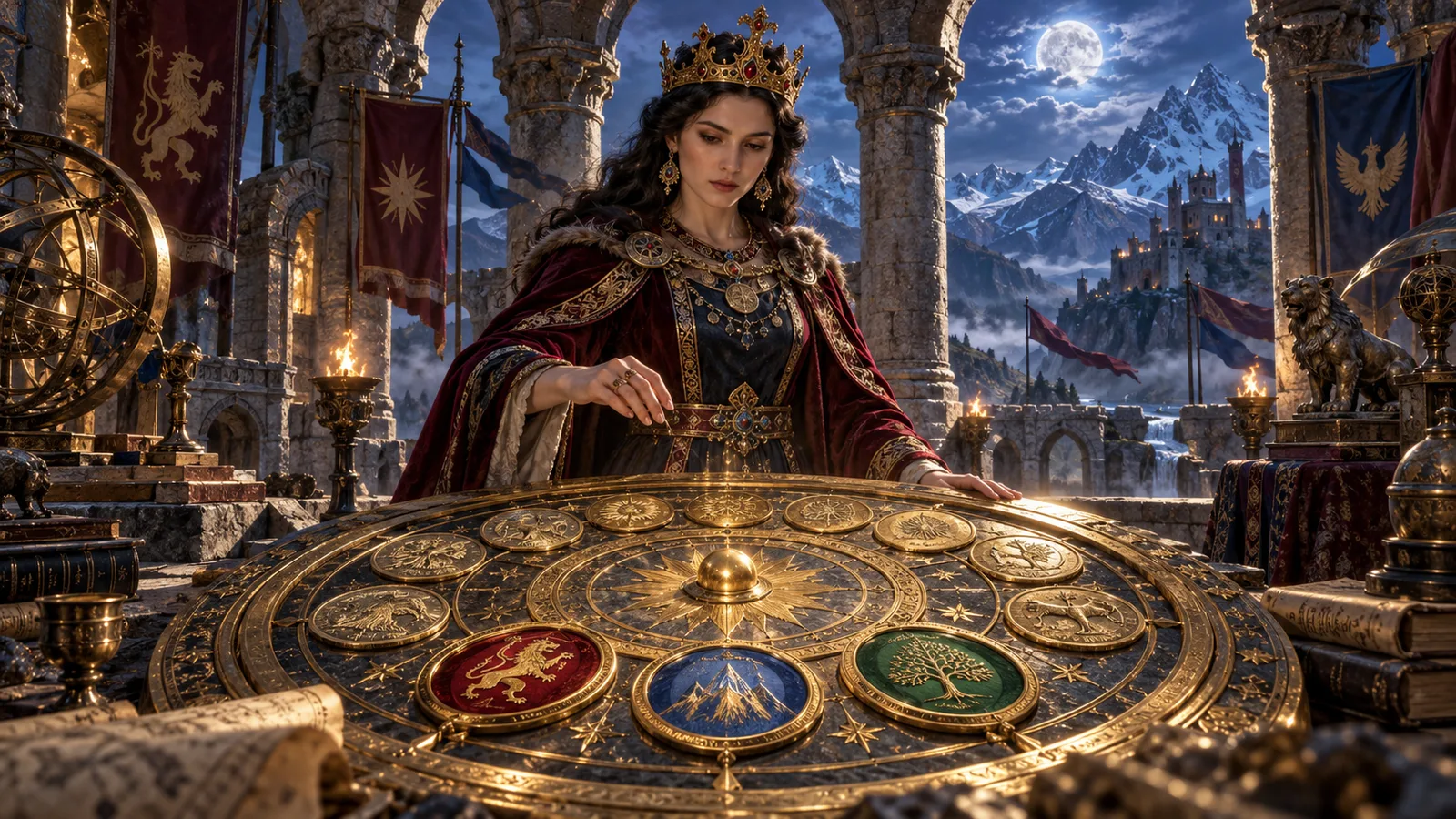 Original editorial artwork of a medieval queen studying an astronomical wheel of engraved coins
