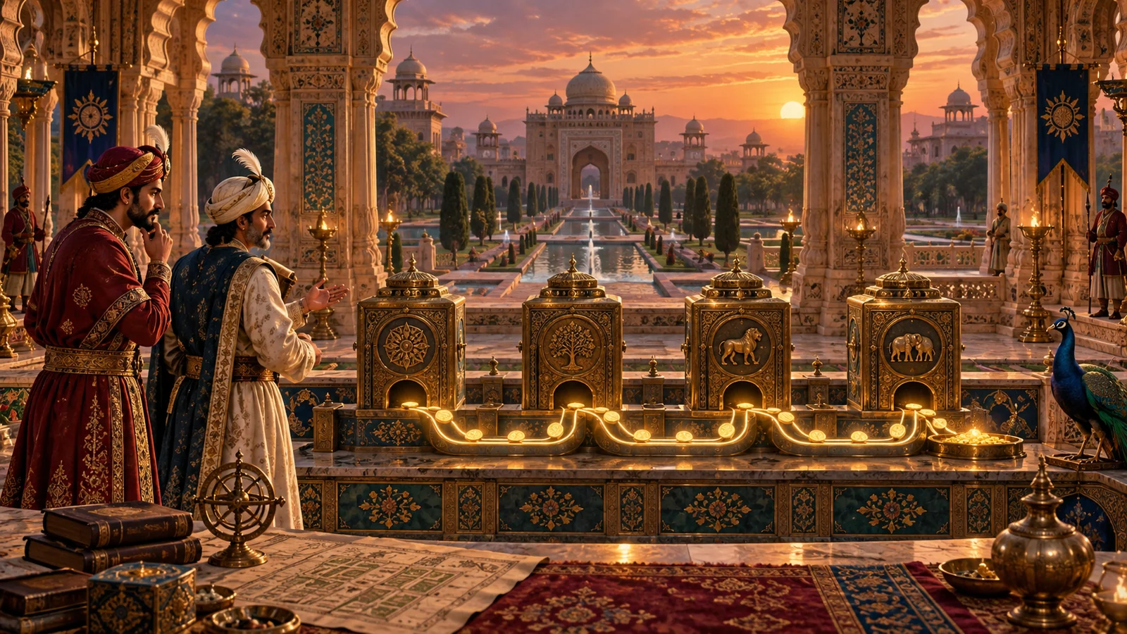 Original editorial artwork of two fictional court scholars beside four illuminated treasury holders