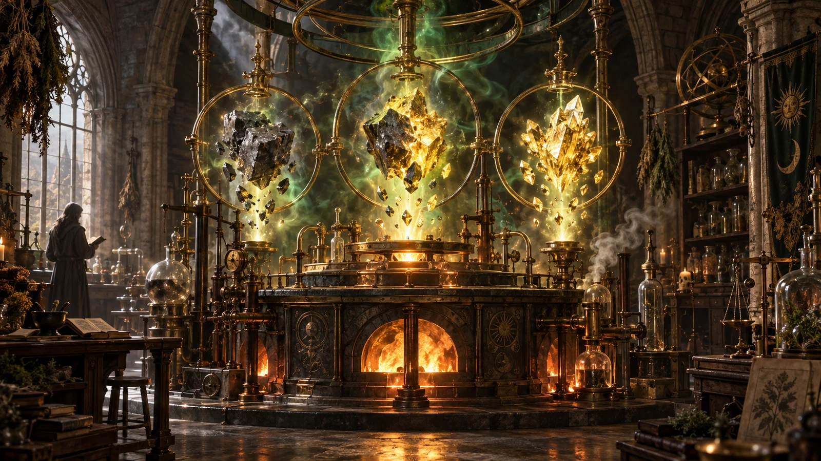 Original editorial artwork of a central alchemical machine transforming three dark stones into luminous gold crystals inside a vaulted laboratory