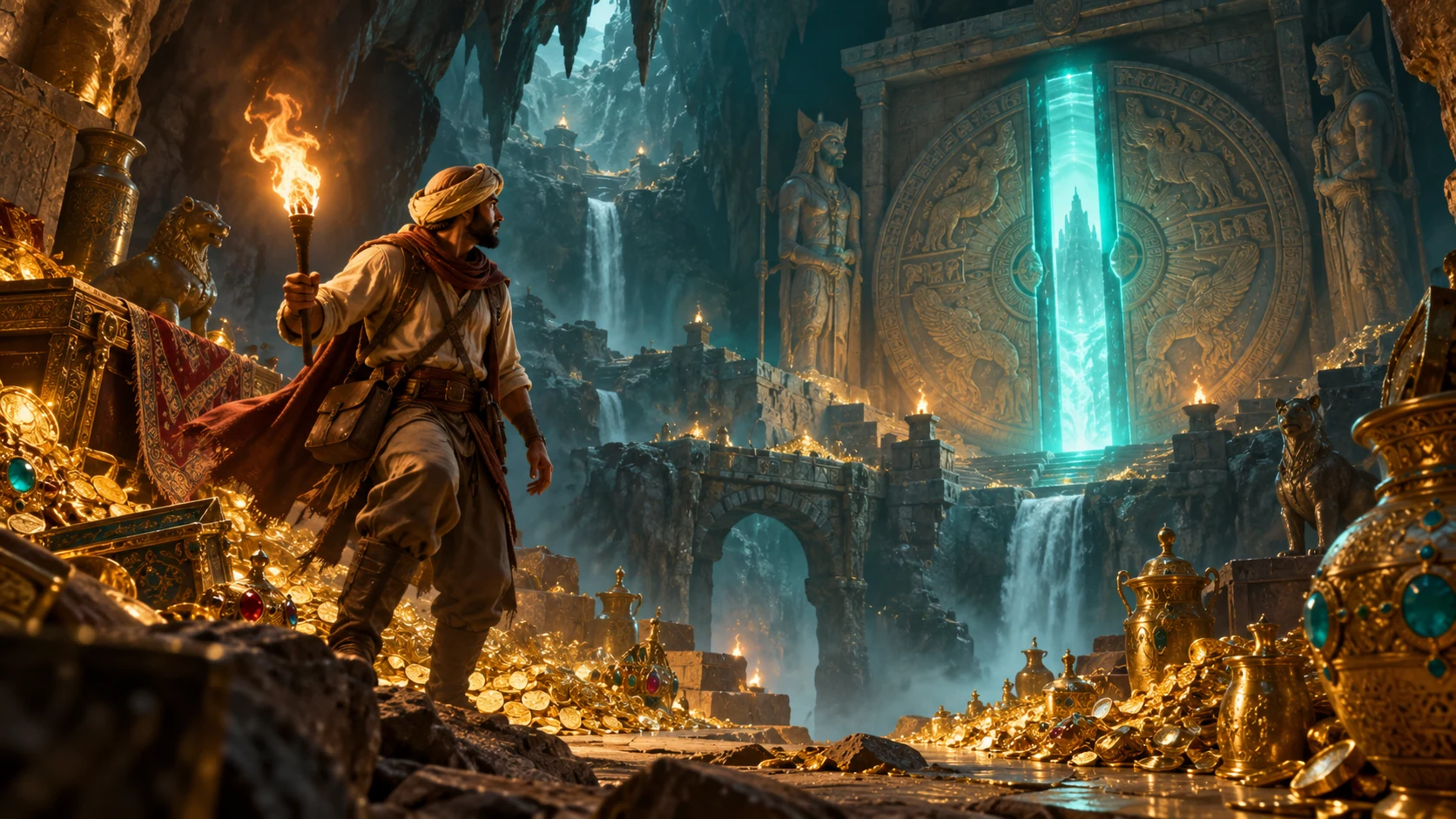 Original editorial artwork of an explorer entering a treasure cave through a turquoise-lit stone door