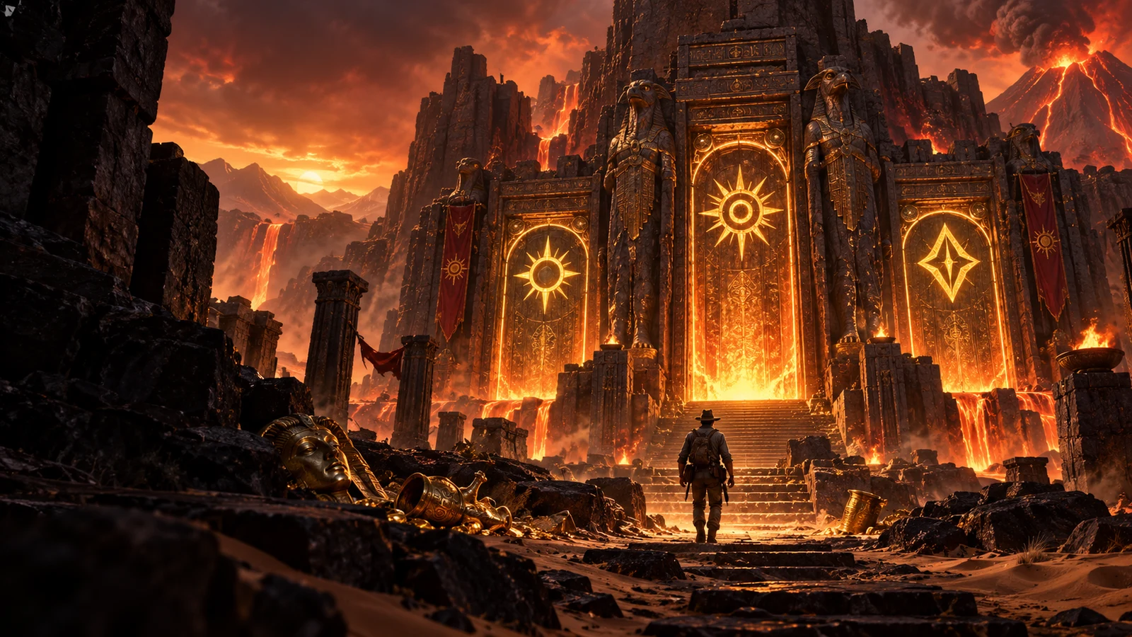 Original editorial artwork of a treasure explorer approaching three glowing gates in a volcanic temple