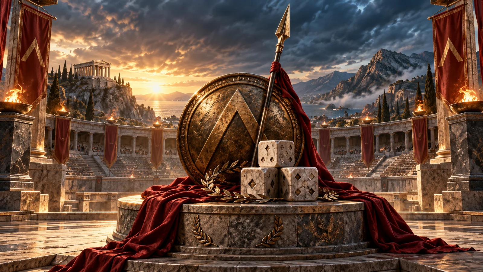 Original editorial artwork of a Spartan shield, ceremonial spear and carved stone cubes in an arena