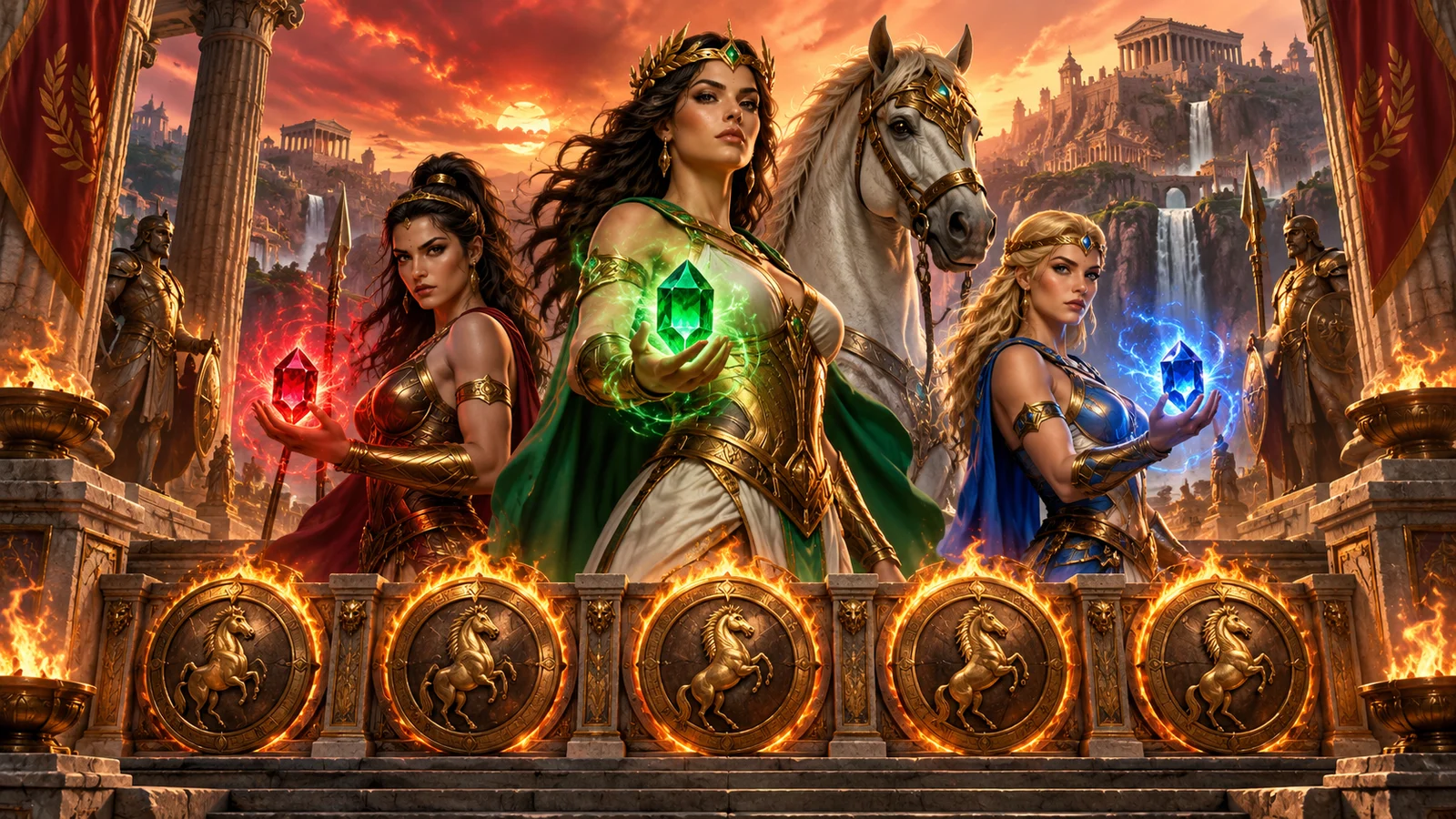 Original fantasy artwork of three Amazon warriors with gemstone magic, a horse and fiery shields