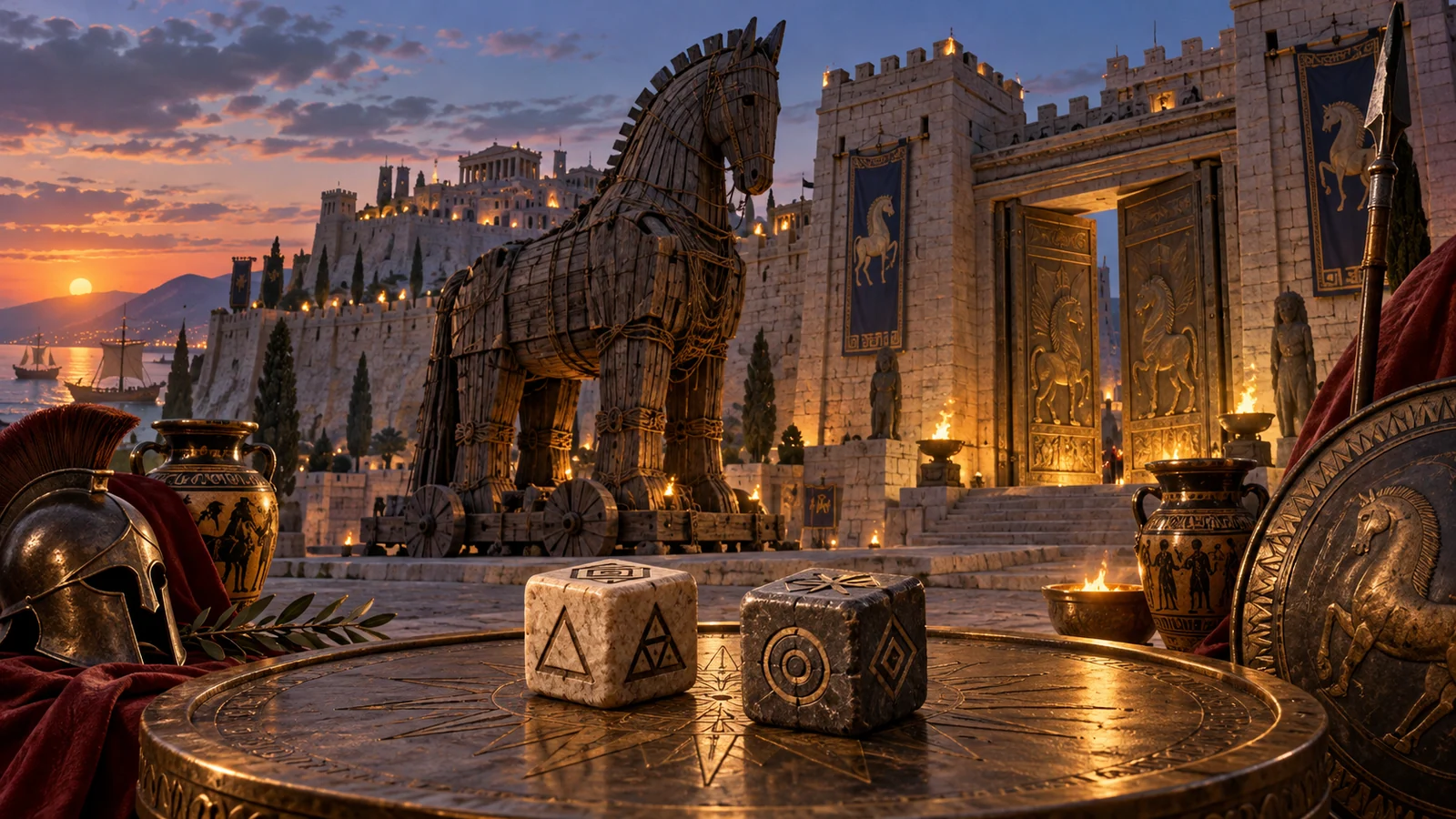 Original editorial artwork of a wooden Trojan horse, ancient city gates and carved stone cubes