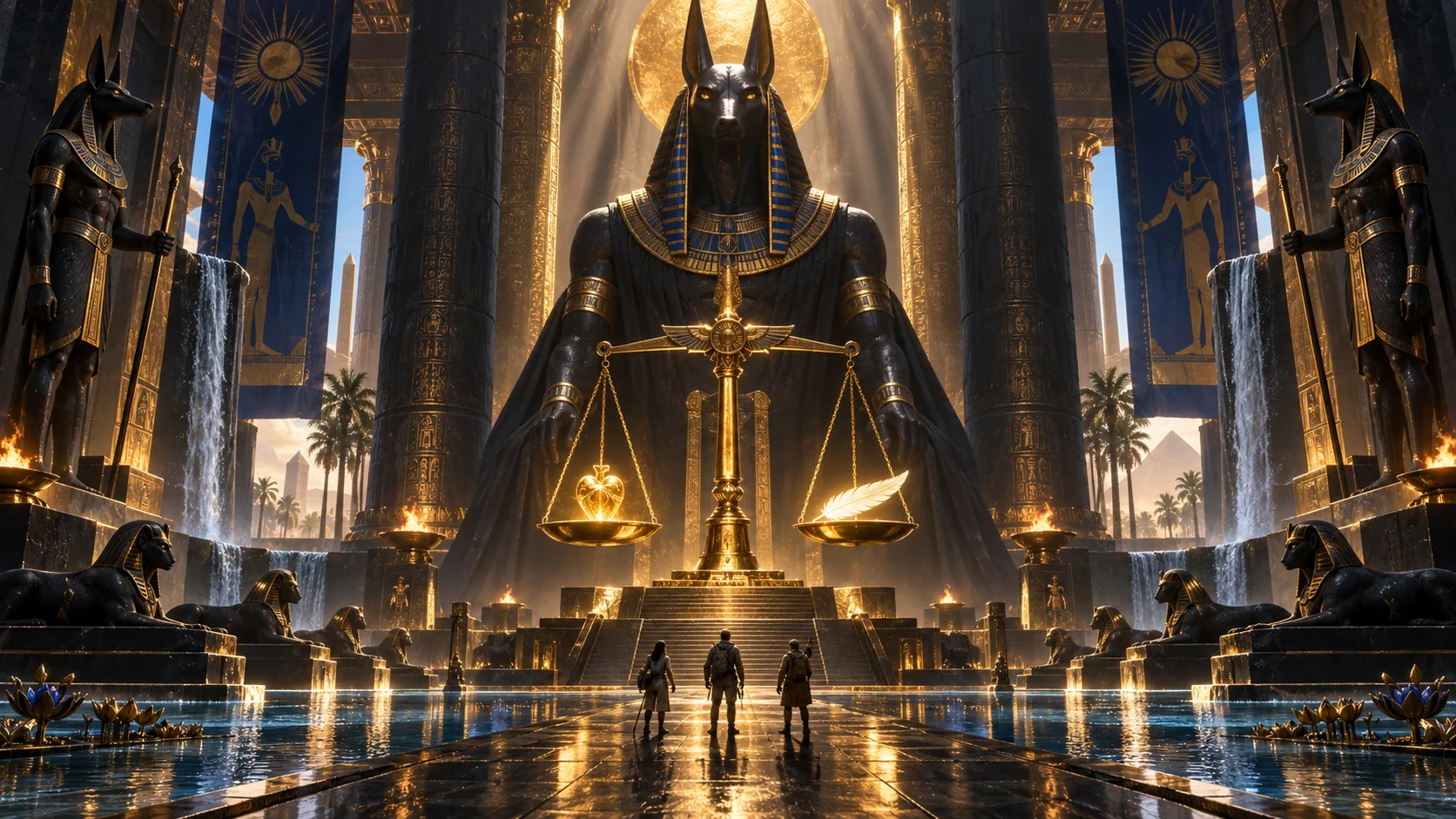 Original editorial artwork of a monumental jackal-headed guardian presiding over a golden balance scale in an Egyptian hall
