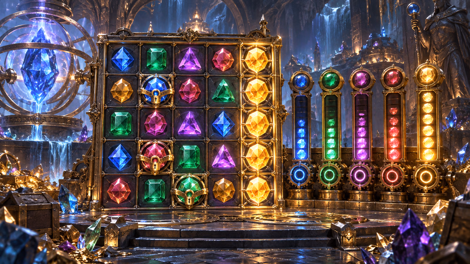 Original mystical treasure vault with locked gems and five full-column multiplier dials