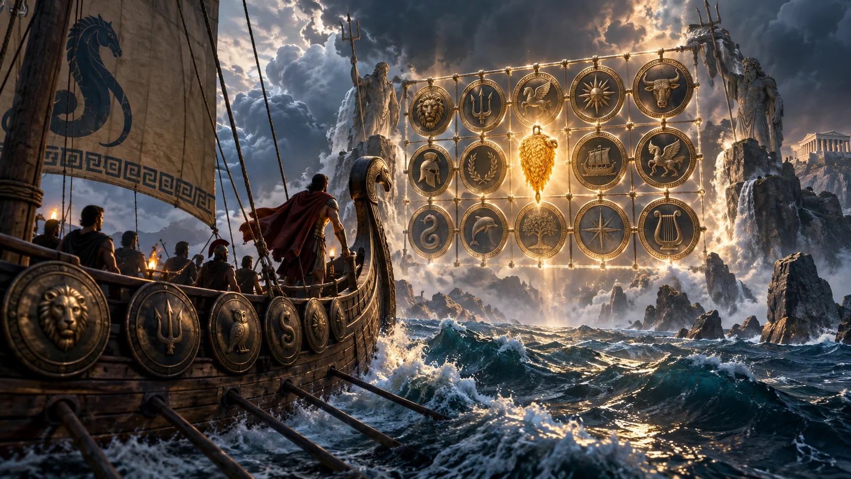 Original editorial artwork of an ancient Greek ship approaching a luminous coin grid and golden fleece