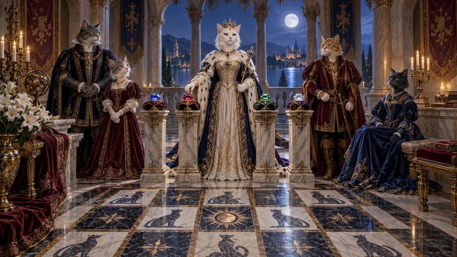 Original editorial artwork of an aristocratic royal cat family in a moonlit palace