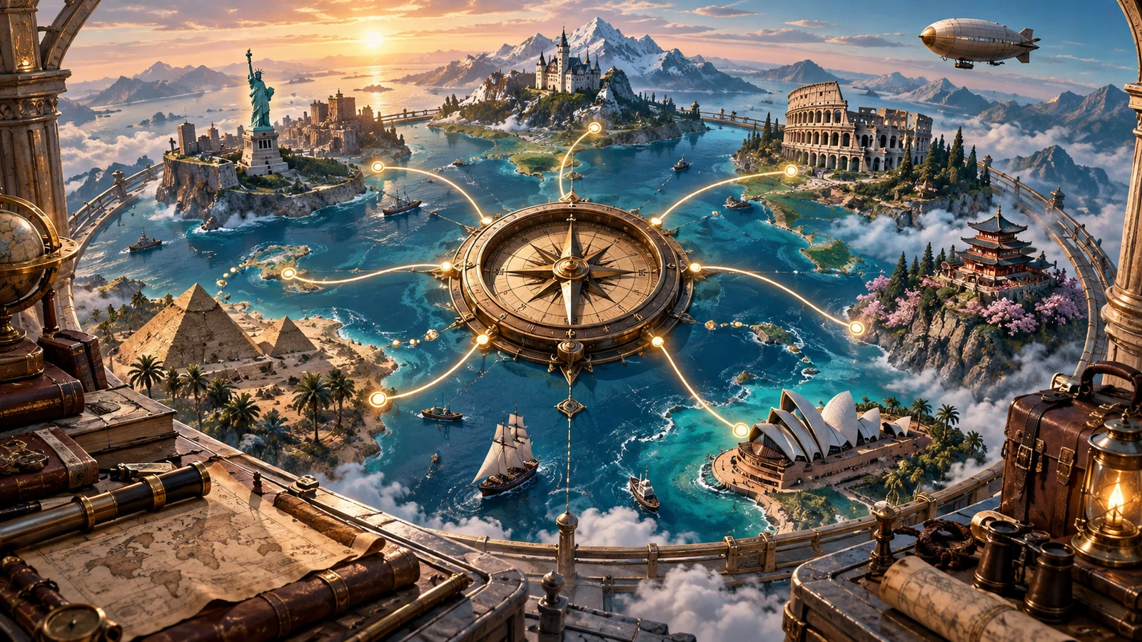 Original editorial artwork of a central brass compass connecting landmarks across a world atlas