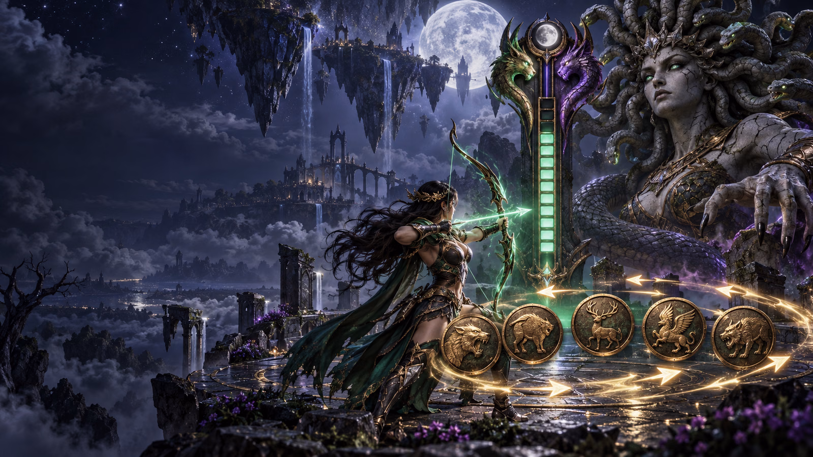 Original moonlit archer facing a serpent queen beside bounty coins and a vertical battle meter