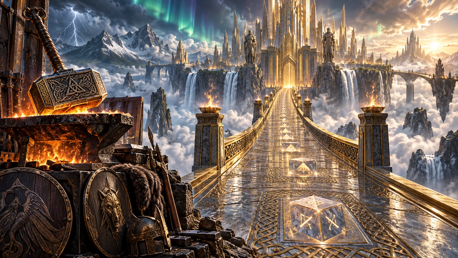 Original editorial artwork of a rainbow bridge leading to a golden Nordic hall beside a shield forge