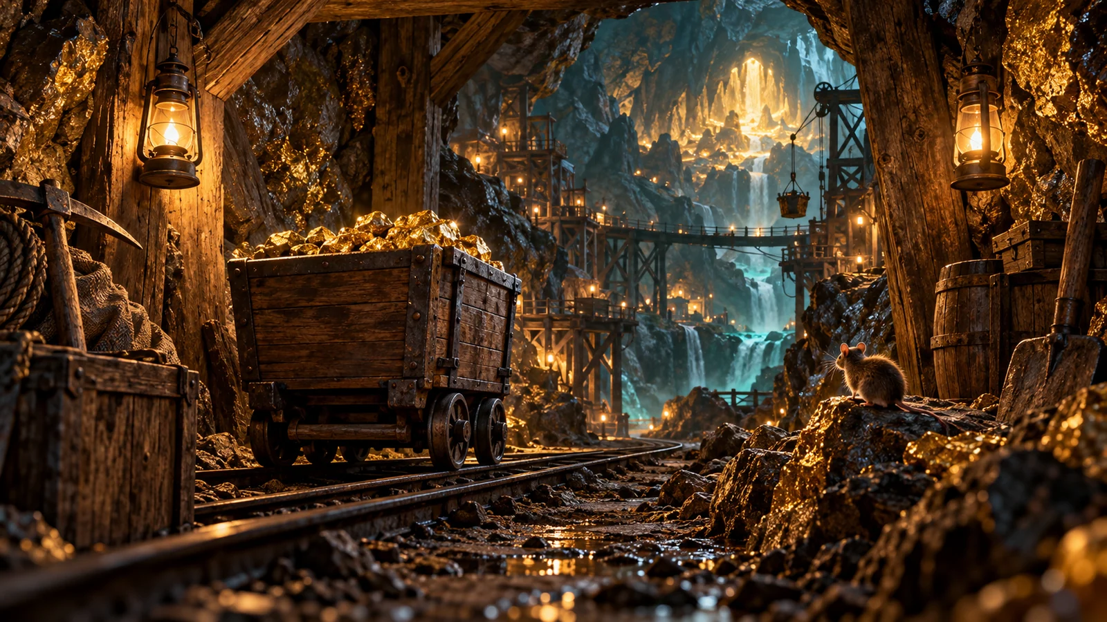 Original editorial artwork of a lantern-lit gold mine with a cart and a small mouse
