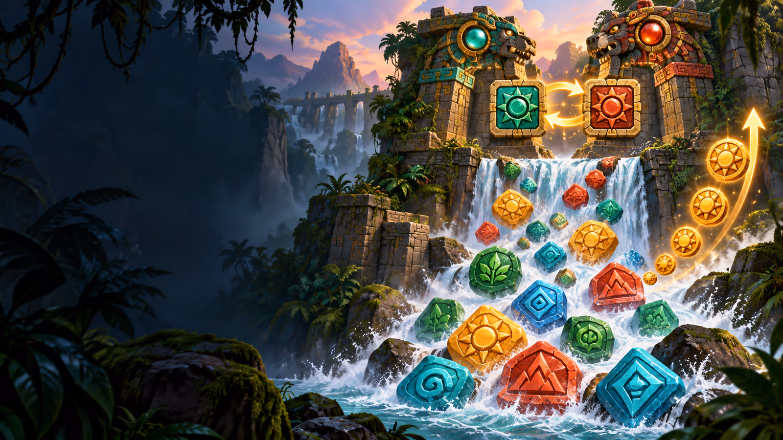 Original jungle twin-temple puzzle with colourful clusters, aligned twin icons and avalanche waterfall