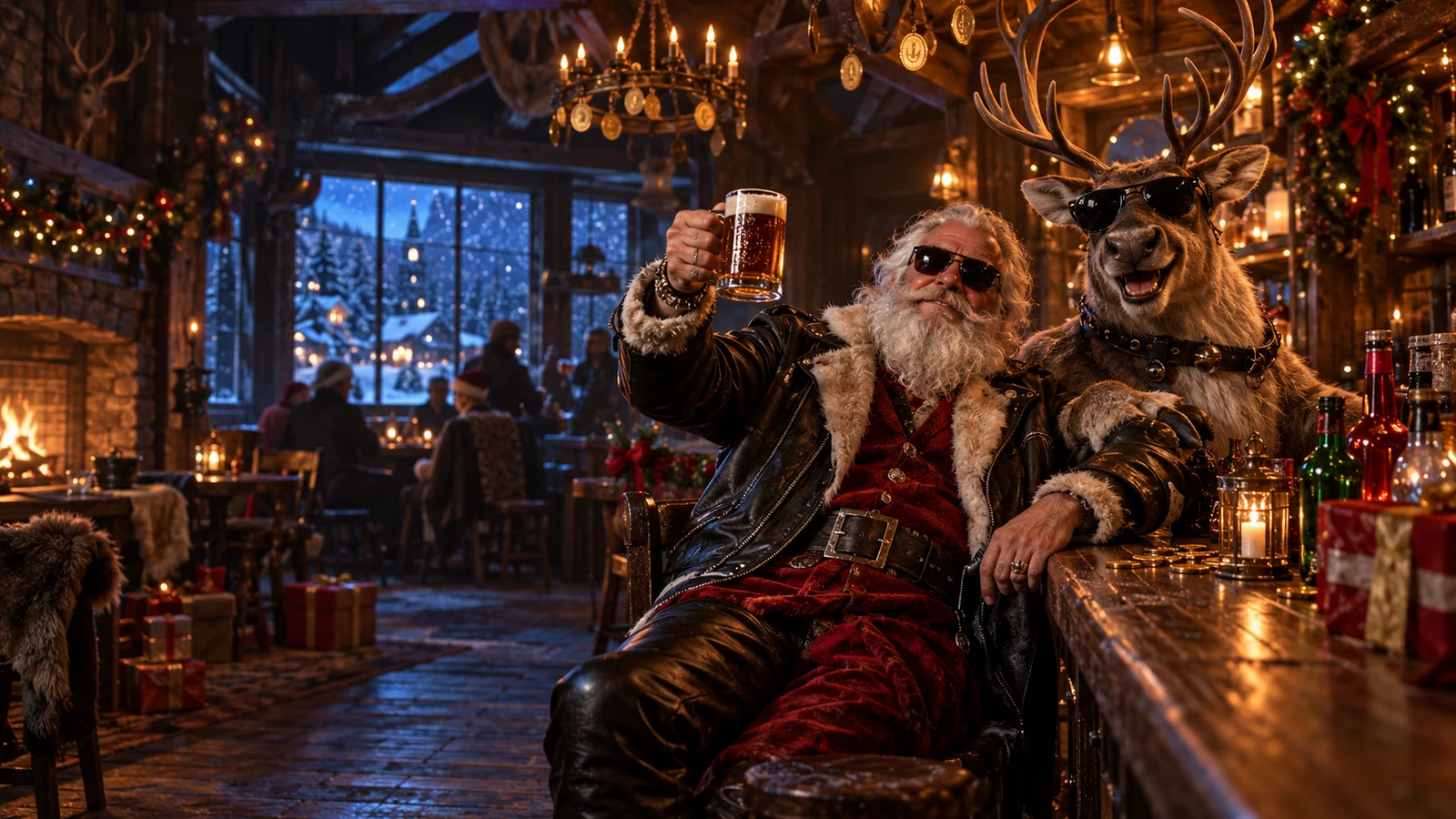 Original cinematic artwork of an adult off-duty Santa and reindeer in a winter tavern