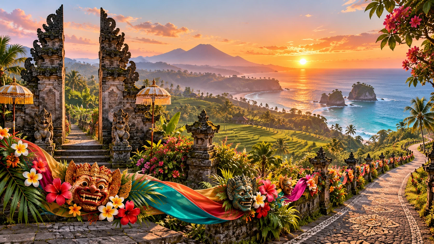 Original editorial artwork of a Balinese temple gate overlooking rice terraces and a tropical coast at sunrise