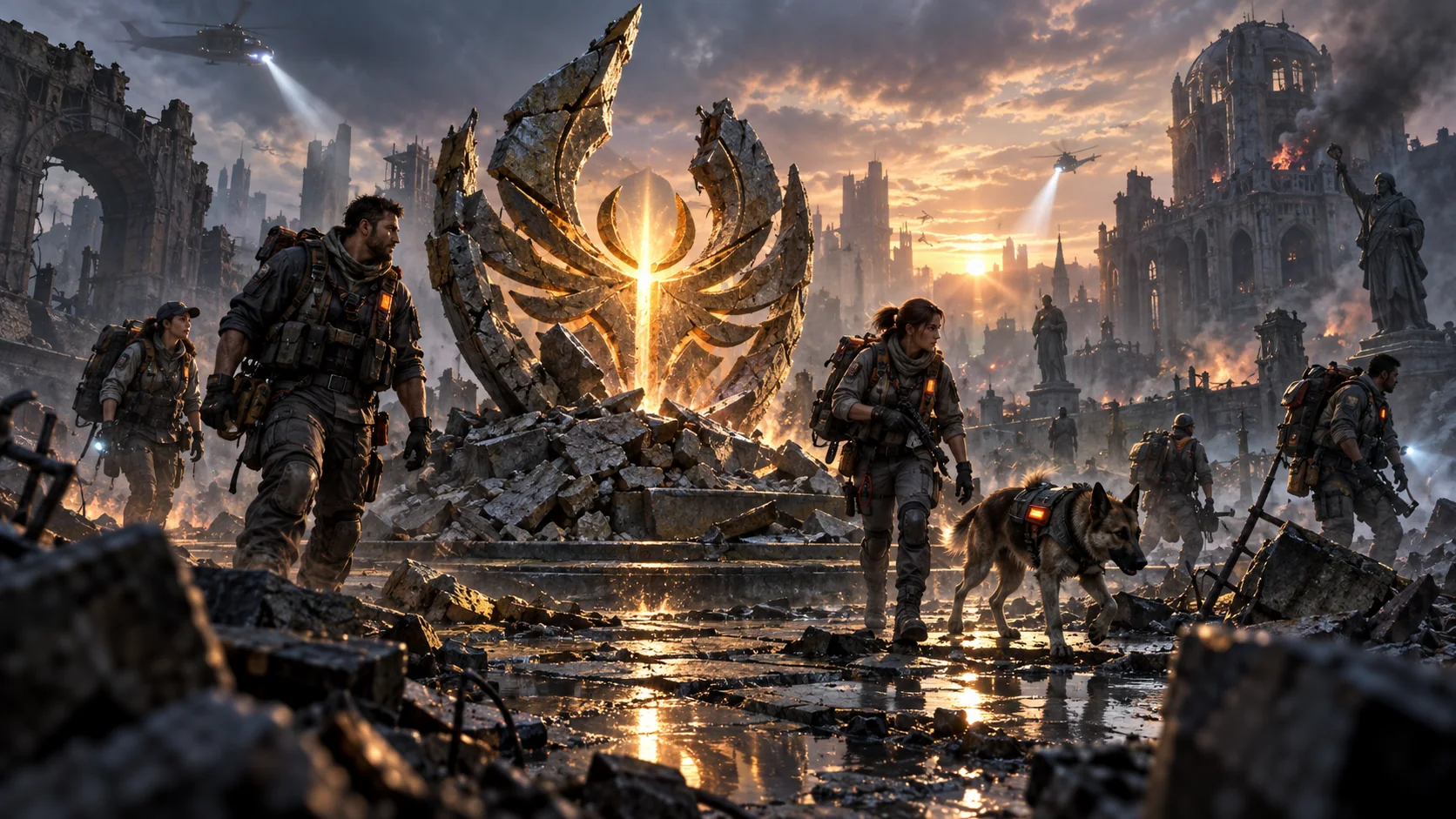 Original editorial artwork of a fictional rescue squad crossing a ruined city around a glowing transformed emblem