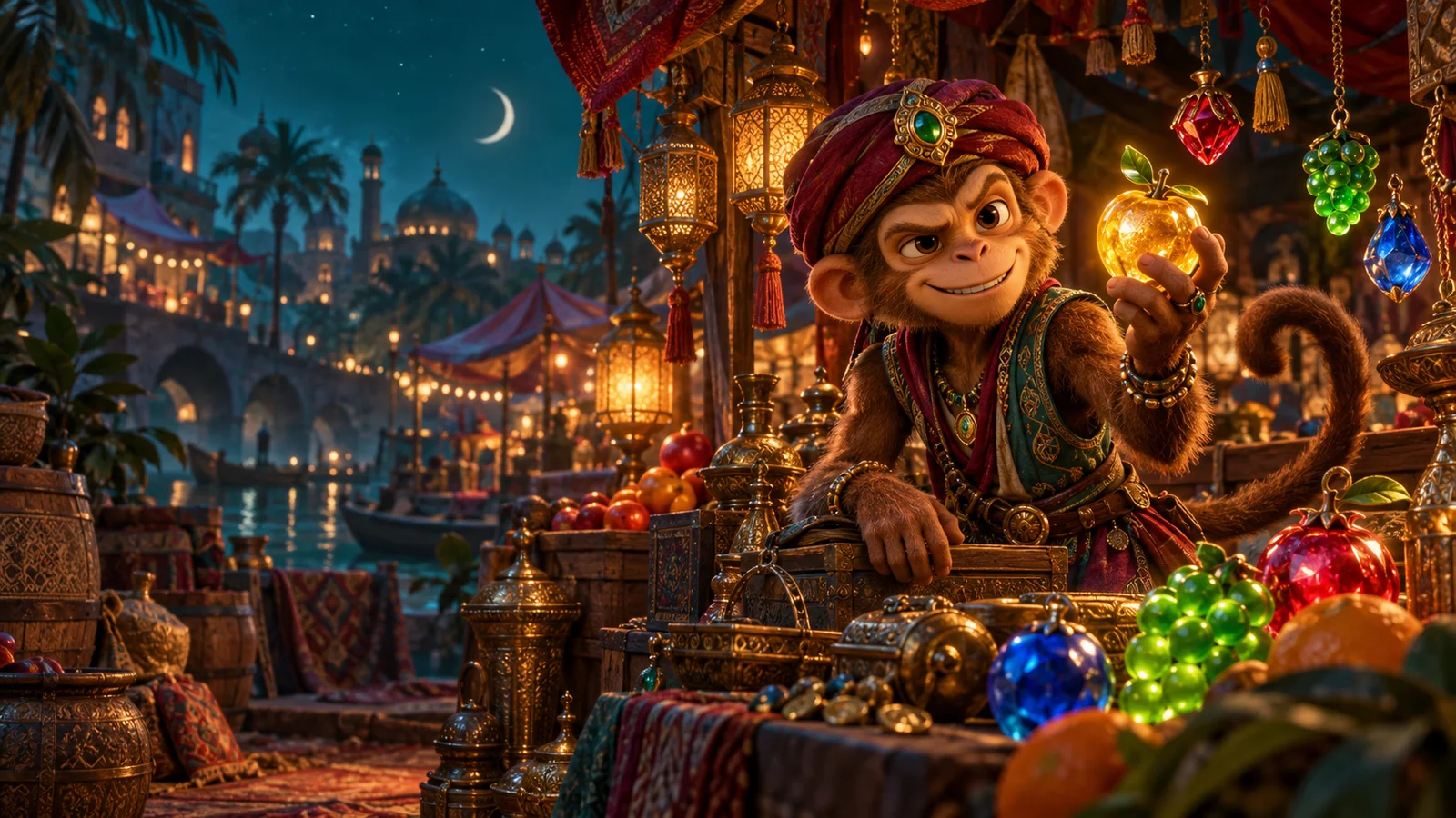 Original night-market illustration of an adventurous monkey merchant and glowing fruit amulets