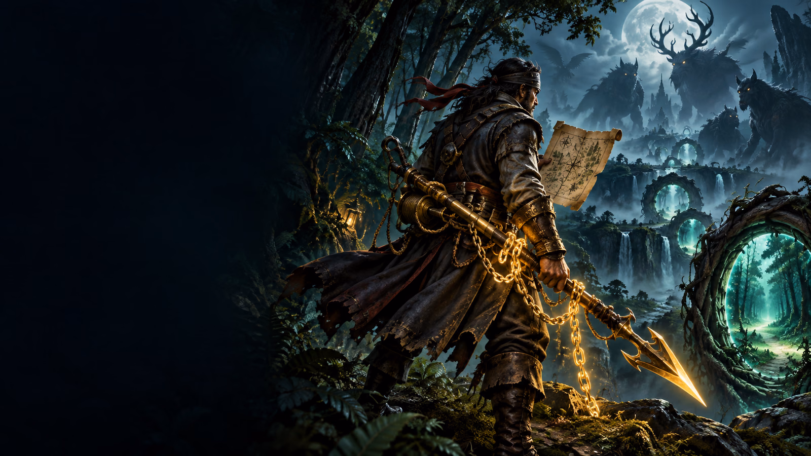 Original monster hunter in an enchanted forest with golden harpoon, trap chains and expanding portal route