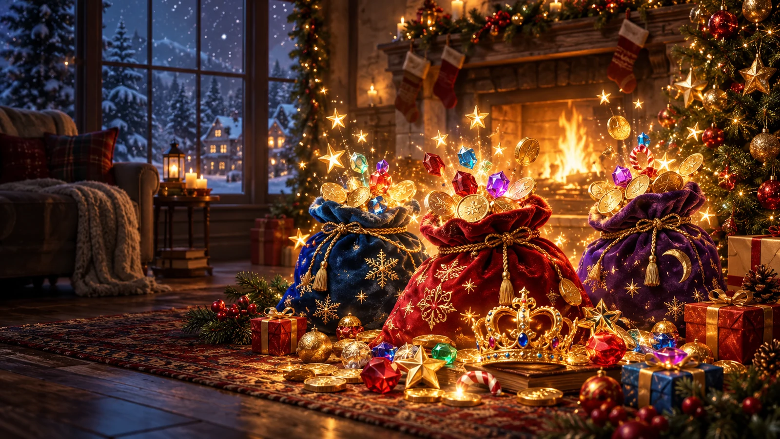 Original festive artwork of three coloured gift bags releasing stars coins and jewel-like candies