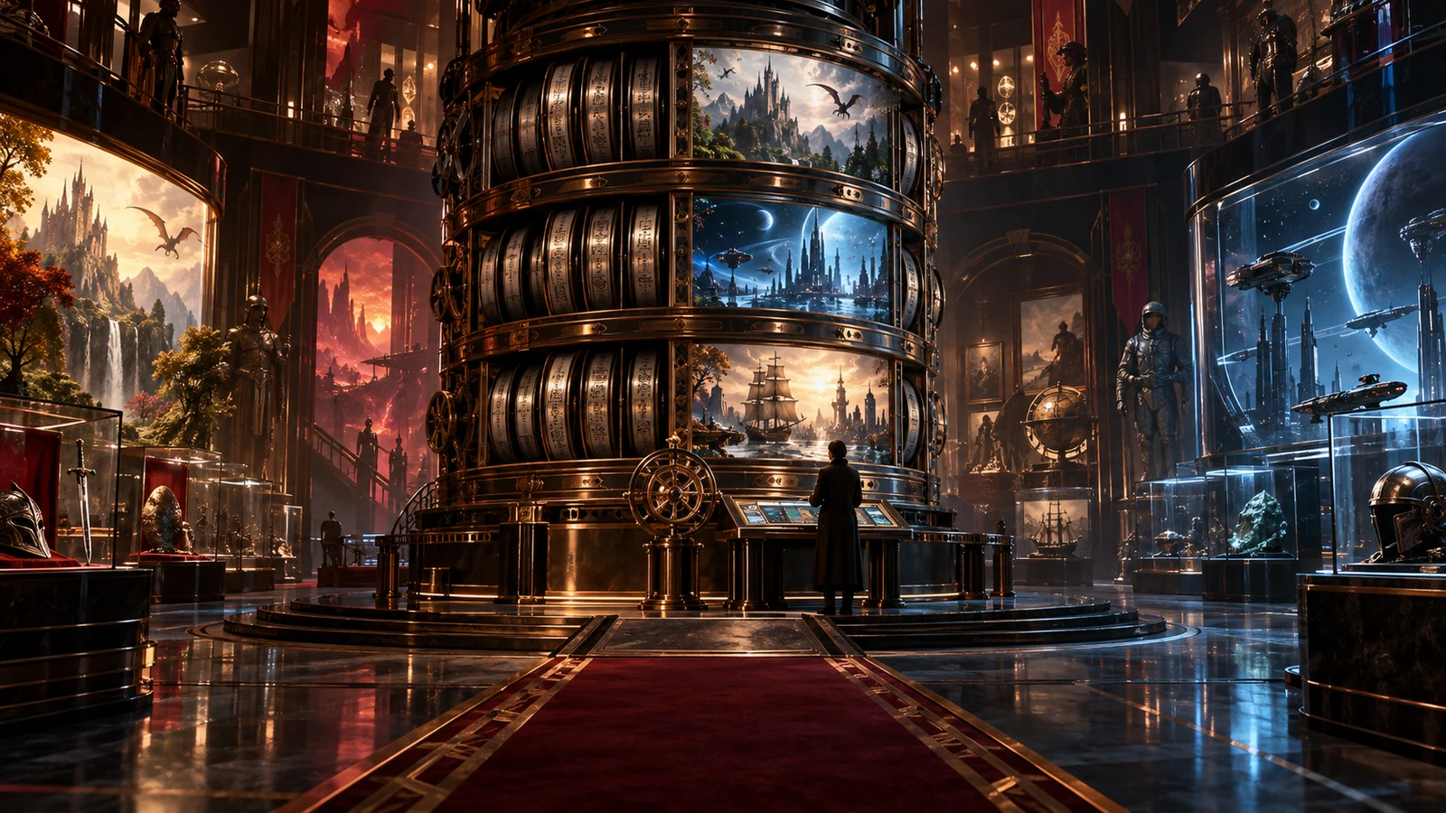 Original editorial artwork of an art-deco game archive with a mechanical carousel displaying many imagined worlds
