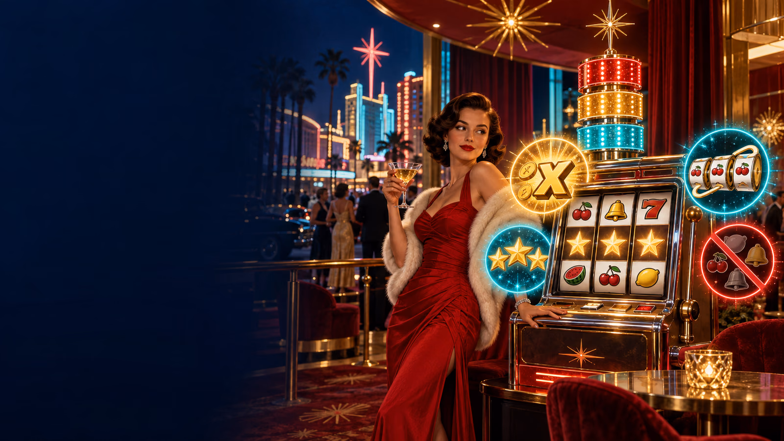 Original 1960s Las Vegas lounge with red-dressed woman, 3x3 machine, feature effects and three-tier jackpot tower