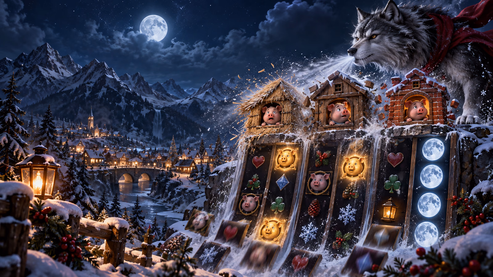 Original alpine winter fable with a fictional wolf, three pig houses, cascading reels and moon symbols