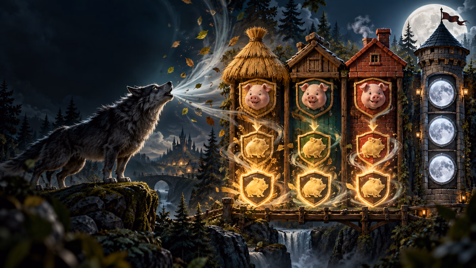 Original wolf windstorm facing straw, wood and brick house columns with Pig Wild shields and moon tower
