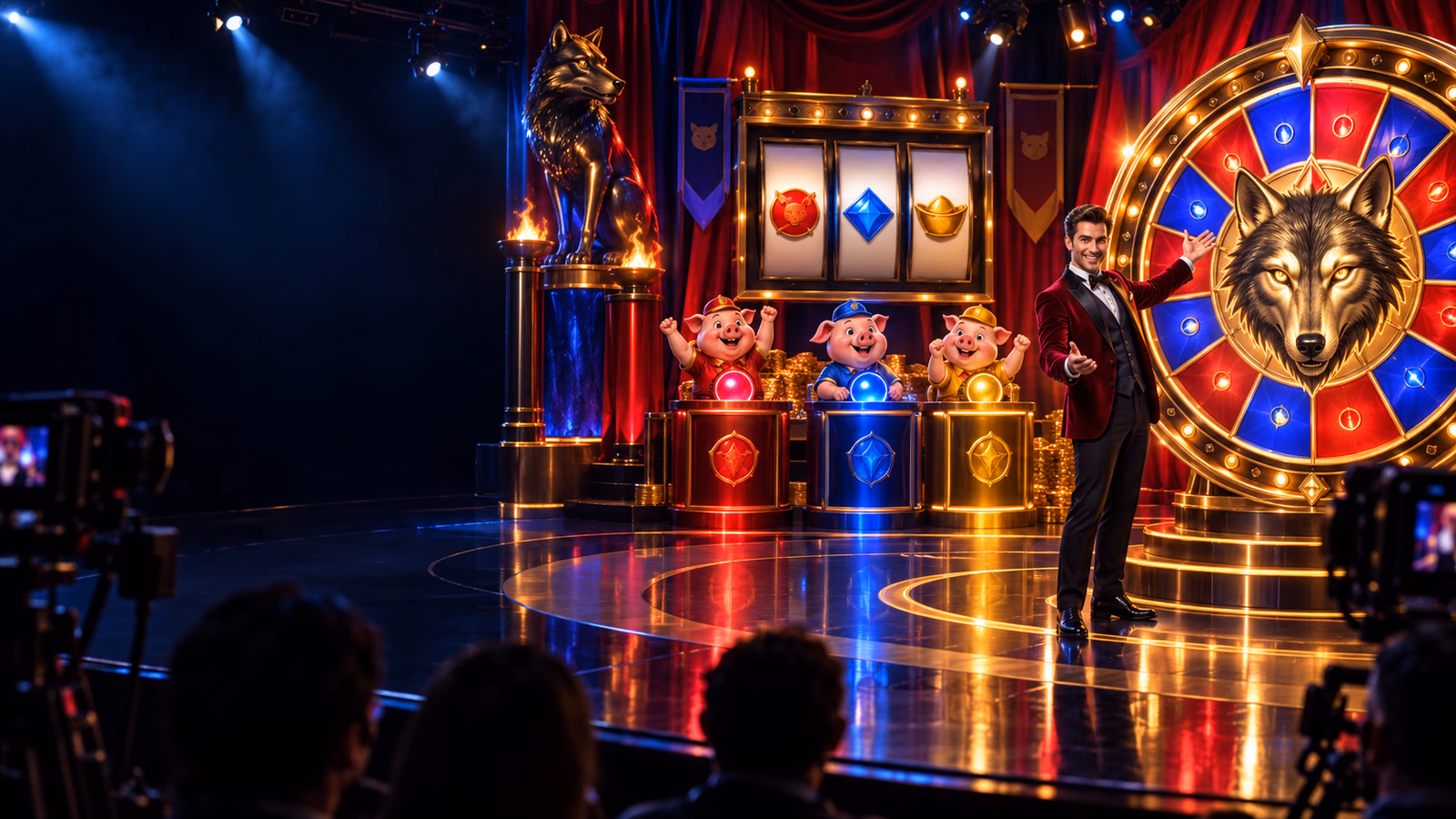 Original live studio with presenter, coloured pig consoles, three-reel machine and illuminated wolf wheel