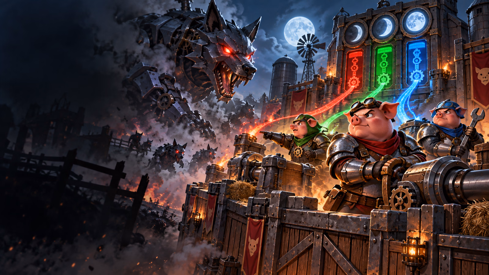 Original steel farm fortress defended by three pig engineers against a giant mechanical wolf under moonlight