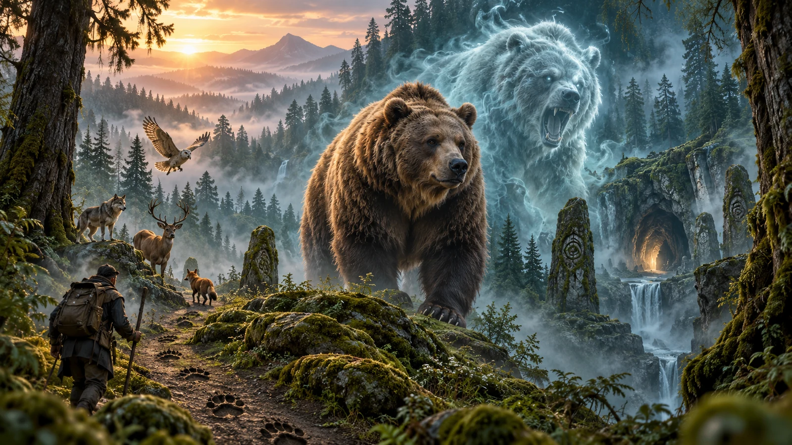 Original editorial artwork of a brown bear and a spectral raging bear in a misty forest