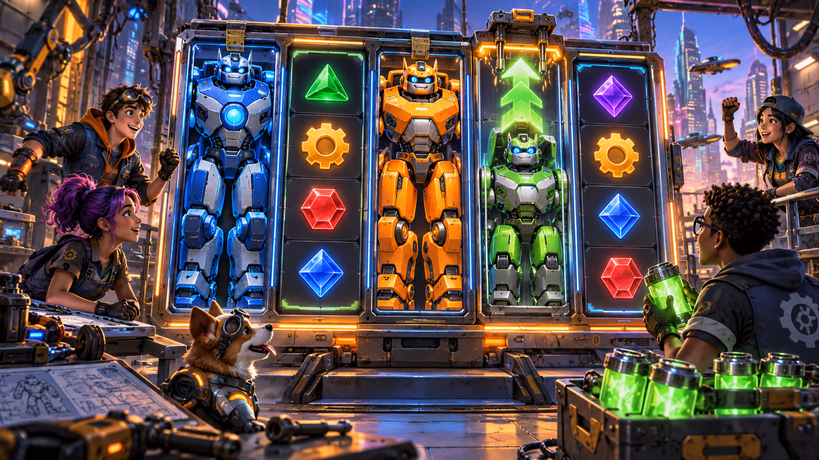 Original neon robot garage with a four-by-five board, full-height robots and a nudge control