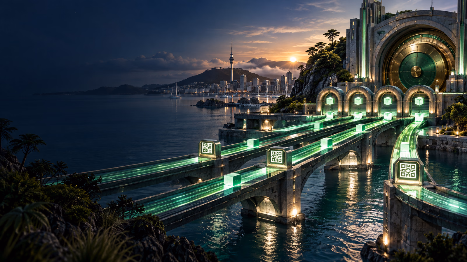 Original New Zealand harbour clearing station with emerald transaction lanes and confirmation arches