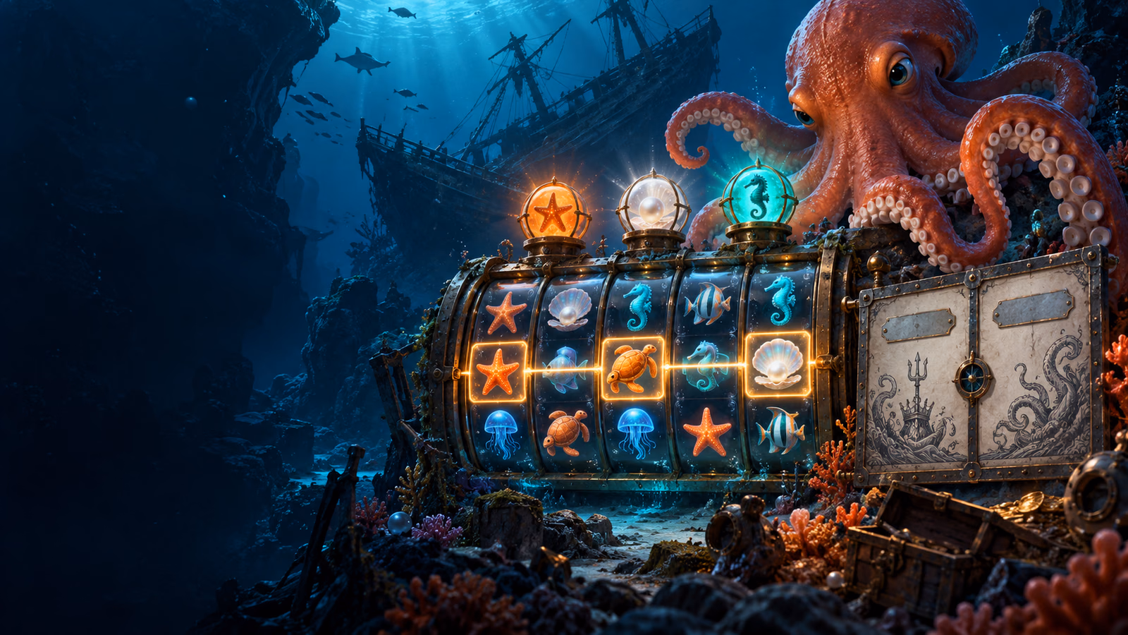 Original underwater evidence scene with slot reels, octopus, shipwreck and two conflicting blank title plates