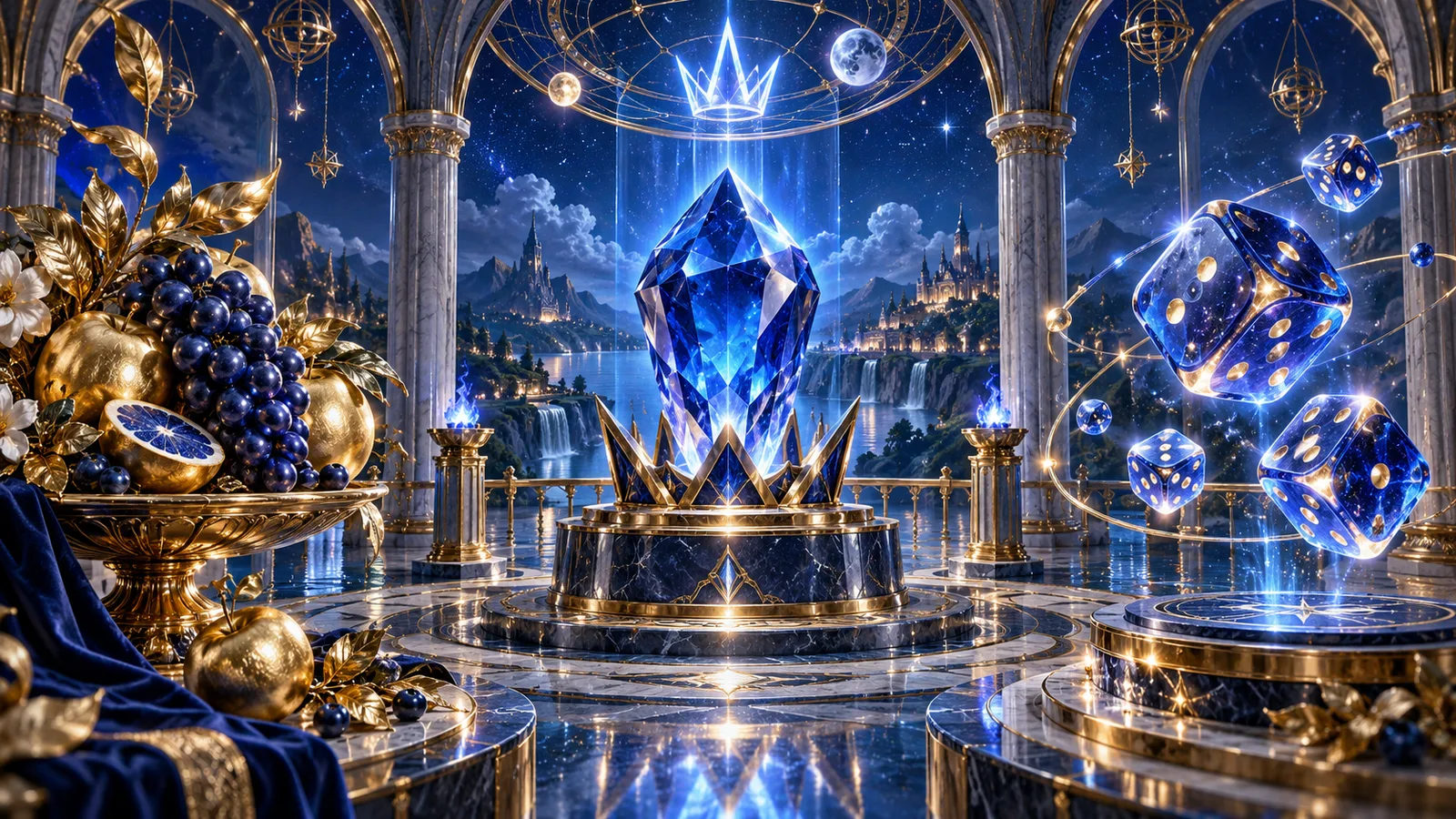 Original editorial artwork of a sapphire crystal between golden fruit and floating blue dice