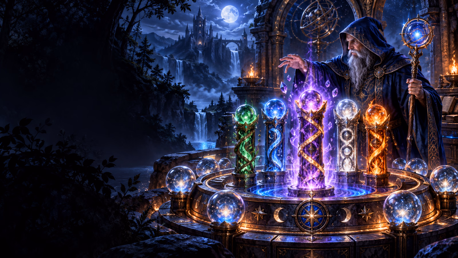 Original blue wizard at a moonlit crystal-ball chamber with five rune columns and four illuminated prize towers