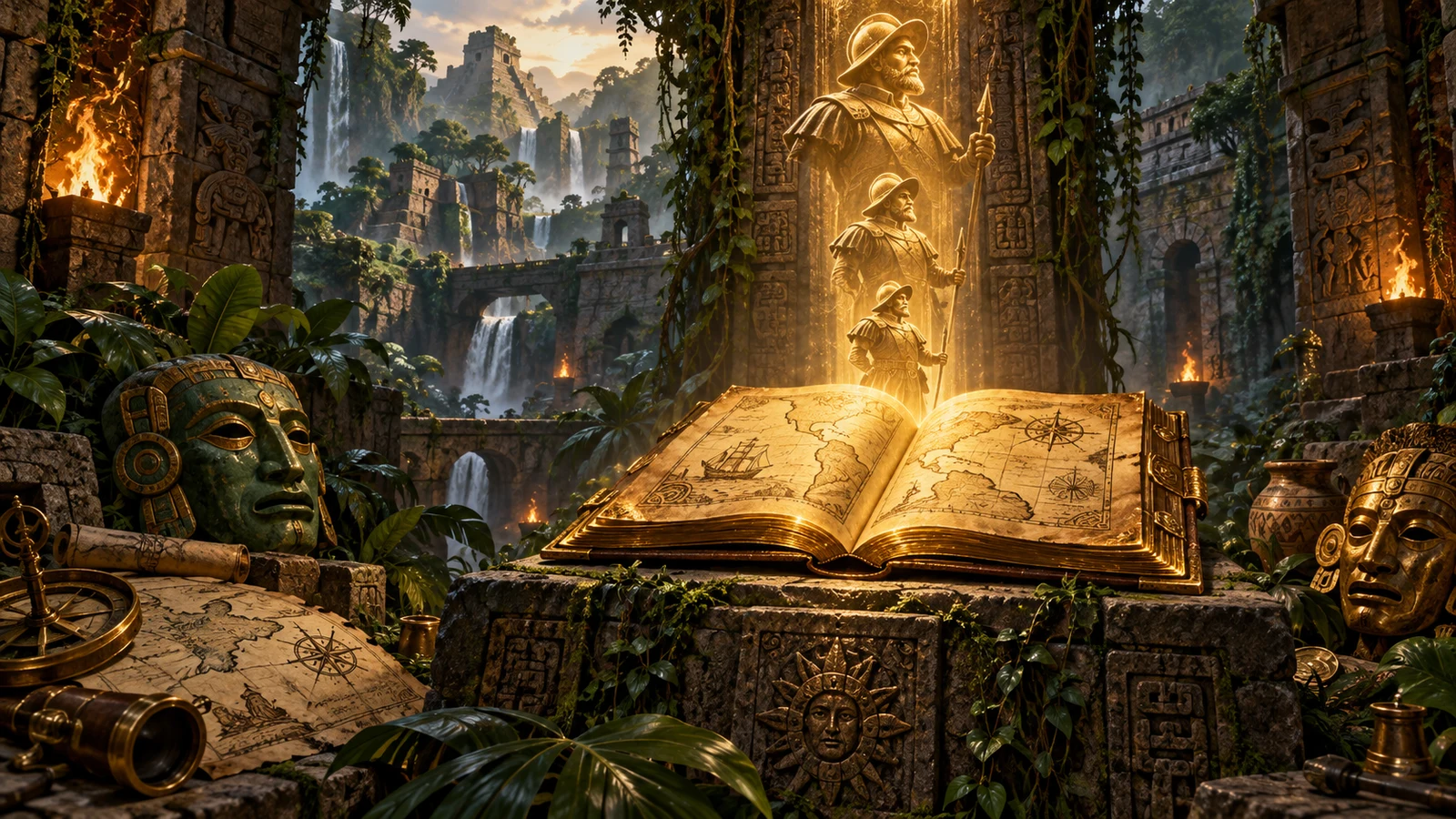 Original editorial artwork of an open golden book revealing an expanding explorer symbol in jungle ruins